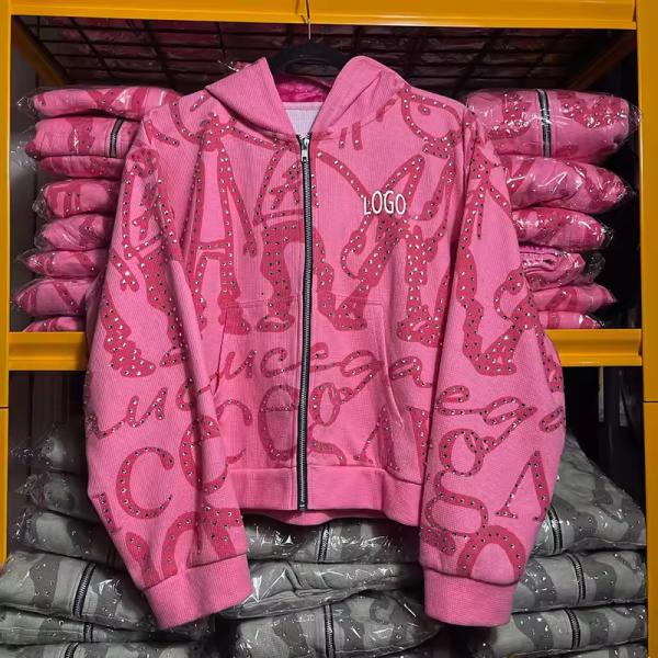 Streetwear Waffle Stain Lining Zip up Hoodie Custom Manufacturer Boxy Crop Oversized Fit French Terry Rhinestone Hoodies for Men