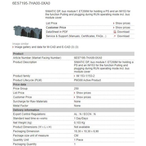 6ES7195-7HA00-0XA0 6ES71 95-7HA00-0XA0 Siemens Bus Module