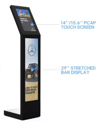 15.6inch Touch Screen and 29inch Stretched Bar Display Digital Interactive Information Kiosk Black or White L Type Vertical Screen Touch Screen Kiosk