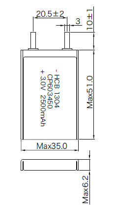 2500mAh 450KW/kg 3V CP603450 Lithium Pouch Cell