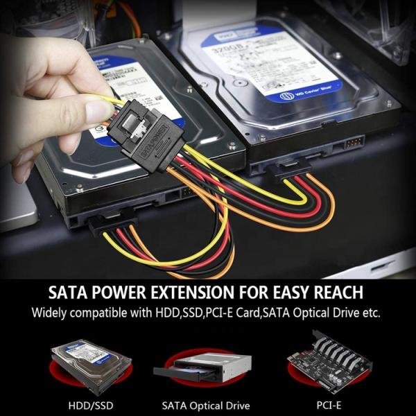 Male to Female Data Sata 15 Pin Power Y Splitter Cable for Computer HDD SSD PC Case