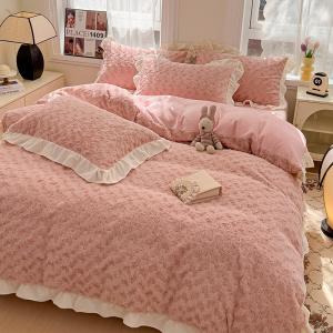 2023 Hot Lace Rose Rabbit Plush Four-Piece Set Comforter Set with Solid Pattern