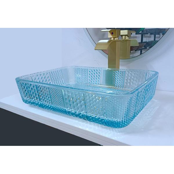 460mm Length Rectangular Vessel Sinks Glass Bathroom 330mm Width Water Blue Color