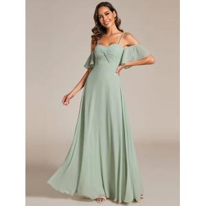 Empire A-line Ruffled Off-shoulder Spaghetti Strap Criss-cross Ruffles Sleeve