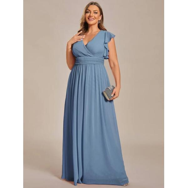 Empire Plus Size V-neck Open Back Ruffled A-line Cap Sleeves Dusty Navy Chiffon Evening Dress