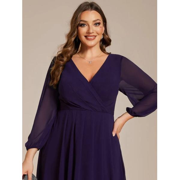 Plus Size Ruffled A-line Long Sleeve V-neck High Low Wedding Guest Dark Purple Chiffon Bridesmaid Dress