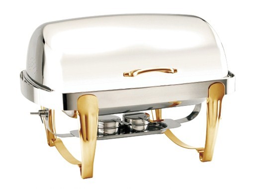 Titanium Coating Oblong Chafing Dish Roll Top Lid Gold Legs and Handle 2-Compartment Stainless Steel Food Container