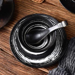 Round Enameled Retro Black Porcelain Dinnerware Scratches Resistant