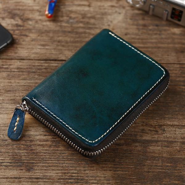 Retro Style Short Zipper Wallet Money Cloth Made of Vegetable Tanned Cowhide Leather