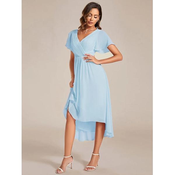 Chic V-neck High-low Short Flutter Sleeves A-line Ruffles Midi Invisible Zipper Sky Blue Chiffon Graduation Dress