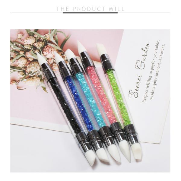5Pc Dual-ended Nail Scrubbing Brush Rhinestone Handle Silicone Nail Brush