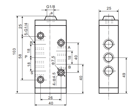 3 Position 5 Port Pneumatic Manual Valve , Silver Metal Air Operated Valve