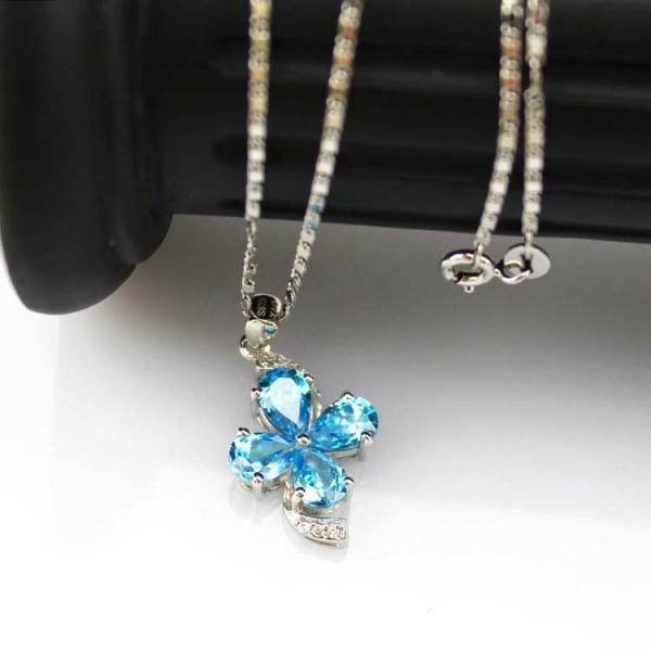 Sterling Silver Chain Necklace with Blue Cubic Zirconia Quatrefoil Charm Pendant(P05)