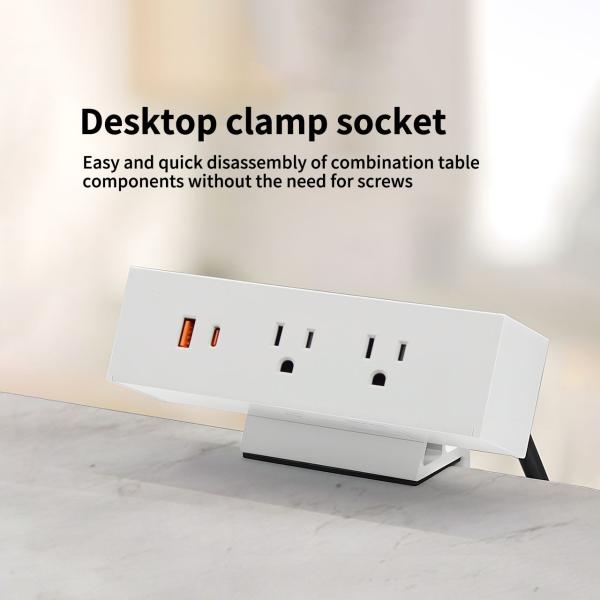 Multi-Functional 2 AC Outlets USB A+C US Power Fast Charge Desktop Clamp Socket Power Strip