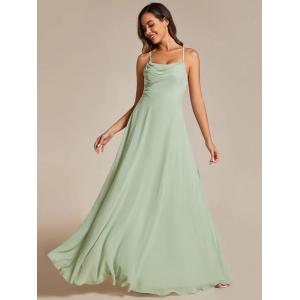 Quality Boat Neck Empire A-line Ruffled Adjustable Spaghetti Strap Zipper Mint Green Chiffon Evening Dress for sale