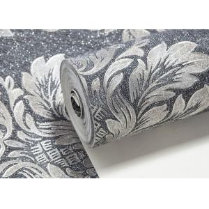 Removable Embossed Vinyl Wallpaper with Sliver and Black Damask Pattern