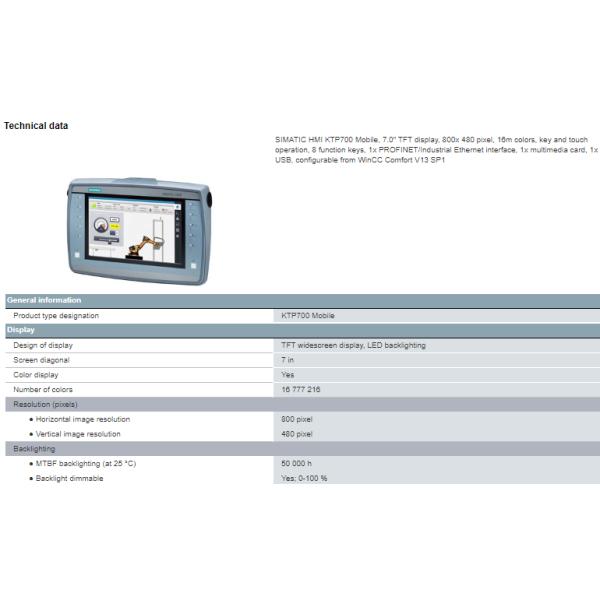 6AV2125-2GB03-0AX0 SIMATIC Smart Panel HMI KTP700 Mobile 7.0" TFT Display