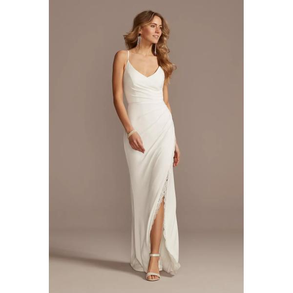 Sleek Sheath Figure-flattering Draping Ruching Spaghetti Straps V-neckline Slit Side Zipper White Chiffon Wedding Dress