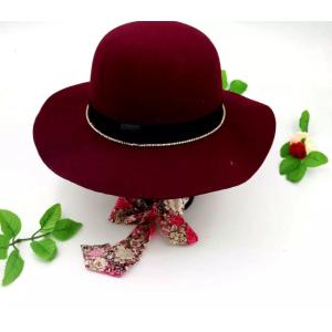Asymmetric Women Wool Broad Brimmed Hat With Nylon Ribbon / Woven Washed Label