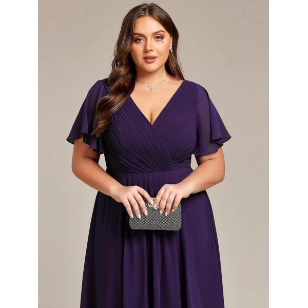 Chic V-neck High-low Short Flutter Sleeves A-line Ruffles Midi Invisible Zipper Dark Purple Chiffon Cocktail Dress