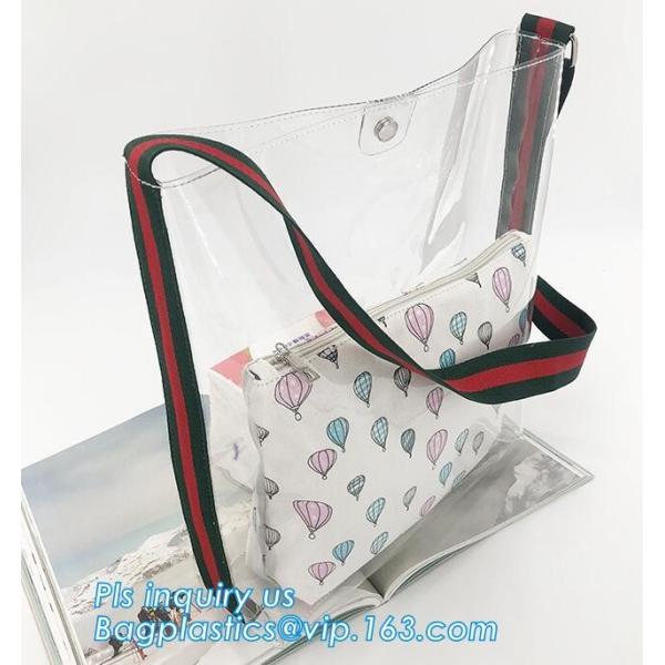 PVC Tote Shoulder Bag Gym Travel Beach shopping bags, Made in China transparent PVC shoulder bag clutch bag, packaging