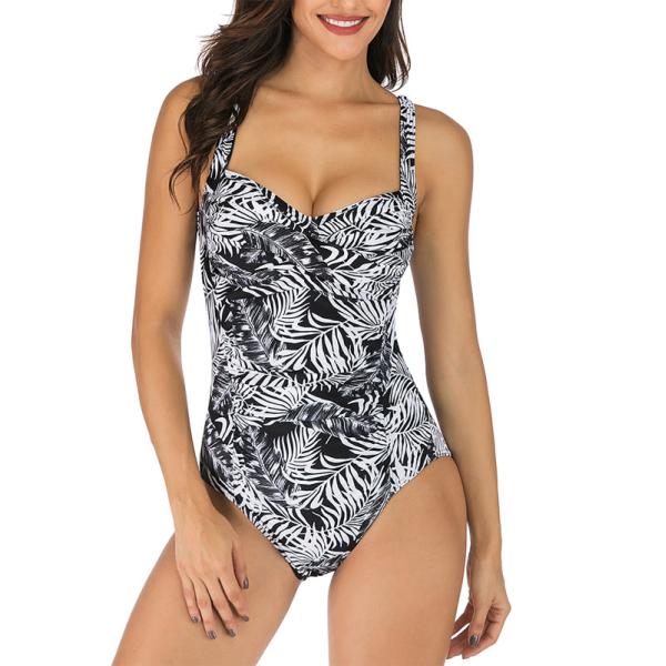 White Sexy Swimwear One Piece Girls Black Banana Leaf Bathing Suit