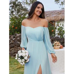 Plus Size Ruffled Long Sleeve High Slit Off-shoulder High Slit Sky Blue Chiffon