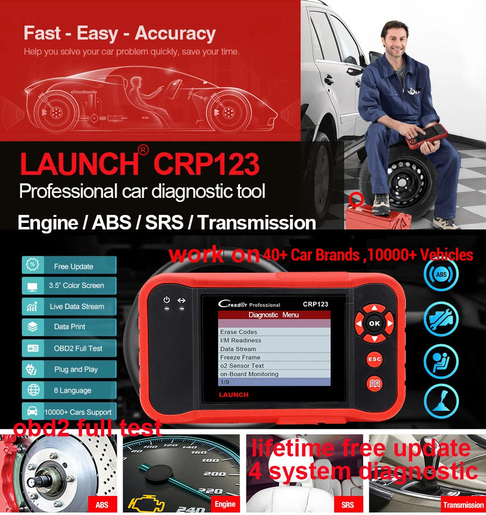 LAUNCH X431 CRP123 OBD2 Scanner Free Update Check Engine ABS SRS AT 4 System Full OBD2 Code Reader Diagnostic Tools