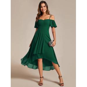 Empire Off-shoulder Spaghetti Strap Zipper High-low Wedding Guest Short Sleeves