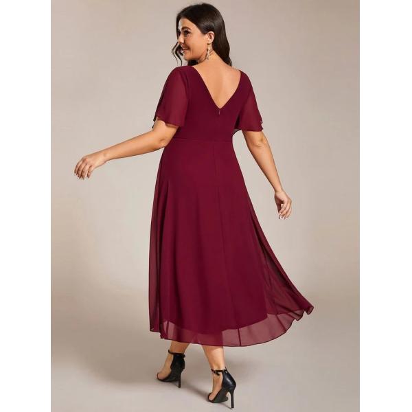 Chic V-neck High-low Short Flutter Sleeves A-line Ruffles Midi Invisible Zipper Burgundy Chiffon Prom Dress