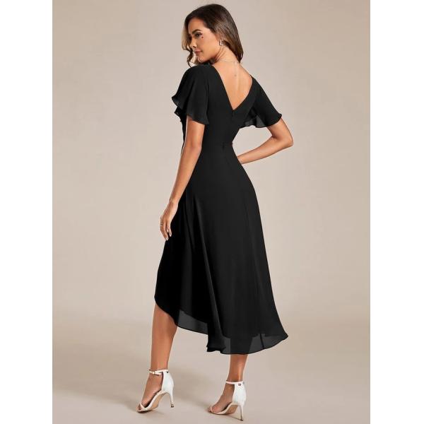 Chic V-neck High-low Short Flutter Sleeves A-line Ruffles Midi Invisible Zipper Black Chiffon Graduation Dress