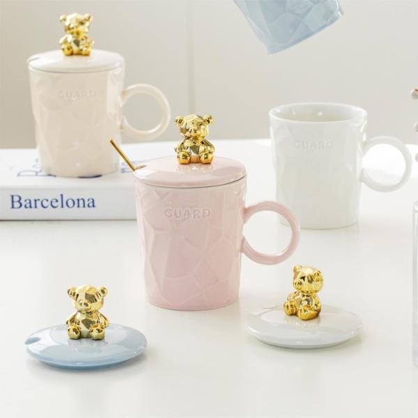 Premium Ceramic Mug Set with Golden Teddy Bear Lid Little Bear Girls Ceramic Cup and Spout 300ml