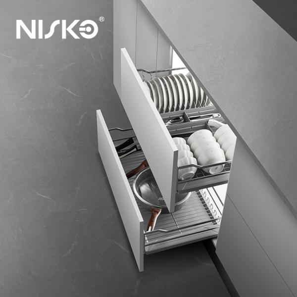 Pull Out Double Tiers Kitchen Cabinet Baskets Multifunctional Sliding Dishes