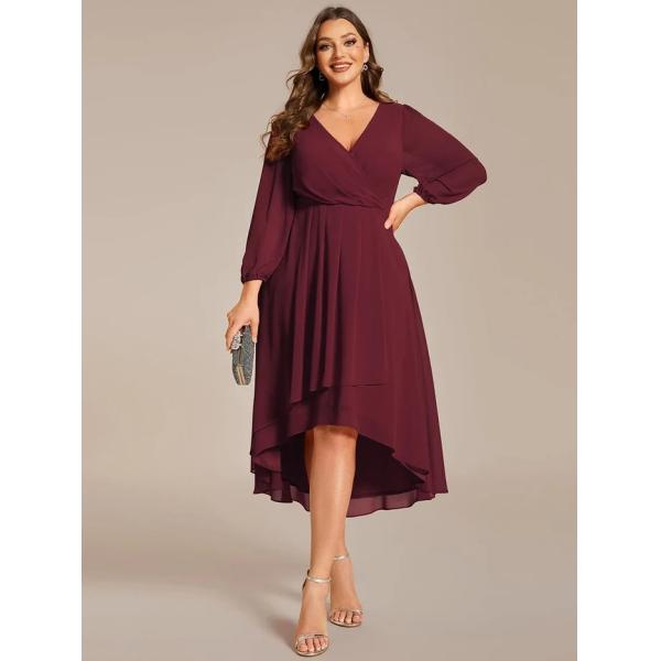 Plus Size Ruffled A-line Long Sleeve V-neck High Low Wedding Guest Burgundy Chiffon Bridesmaid Dress