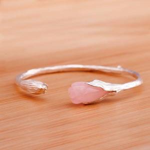Handcraft Sterling Silver Cuff Bracelet with Sculpted Rose Quartz Gardenias