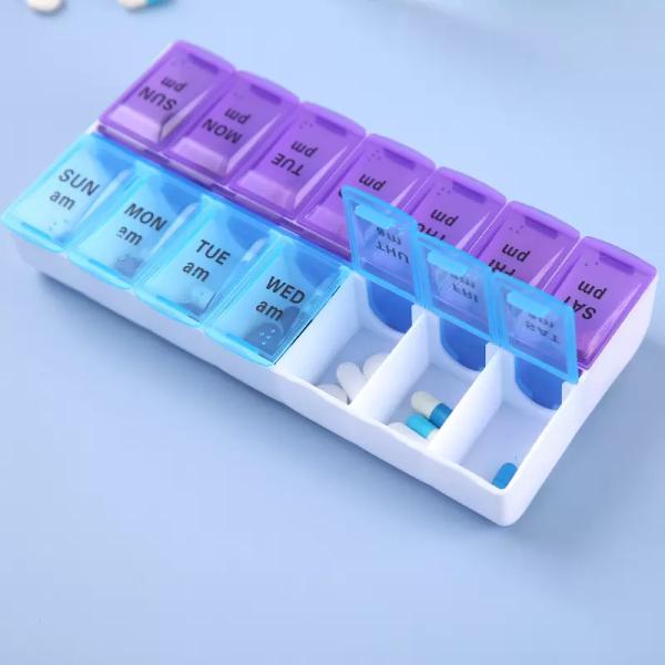 Wholesale Food Grade Plastic 7 day and night travel outdoor portable weekly medicine box 14 compartments pill case