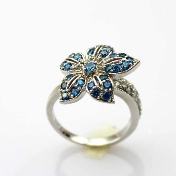 Women Jewelry Flower Design Sterling Silver Pave Blue Cubic Zirconia Ring (S-RJ344)
