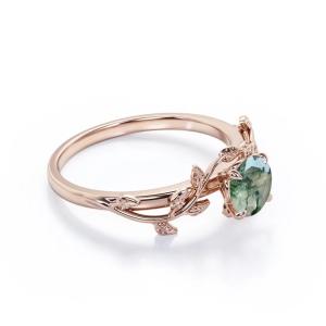Nature Inspired Natural Green Moss Agate Solitaire Engagement Ring Forest Ring