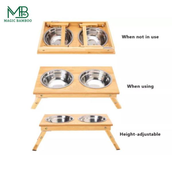 Bamboo Foldable Pet Feeder Non-Slip Two Bowls