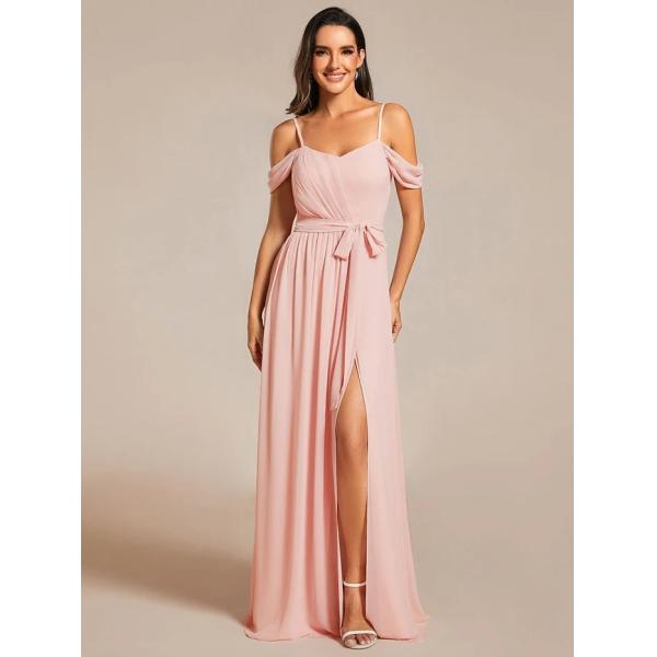 Plus Size A-line Ruffled V-neck Spaghetti Strap High Slit Pink Chiffon Evening Dress