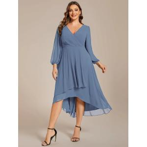 Elegant Empire Long Sleeve V-neck High Low A-line Ruffled Midi Dusty Chiffon