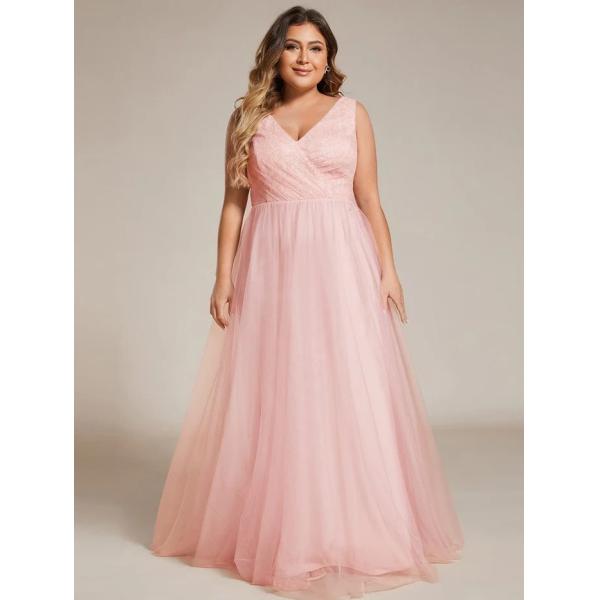 Elegant V-neck Sleeveless Two Straps Empire A-line Plus Size Pink Lace And Tulle Bridesmaid Dress