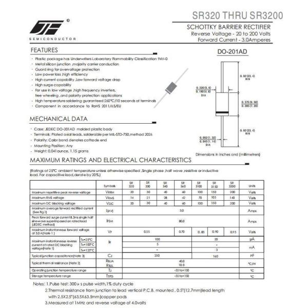 3A/40V SR340 DO-201AD Through Hole Schottky Diode for High Frequency Applications
