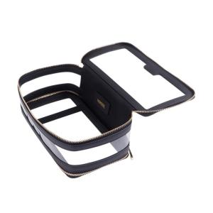 Leather Trimmed PVC Cosmetic Bag Double Zippers