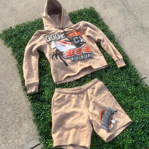 Latest Custom Puff Foem Printing French Terry Unisex Jogger Two Pieces Summer Hoodies Suits and Shorts Set Tracksuit Sweatsuits