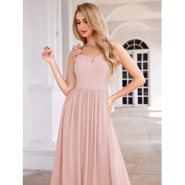 Elegant V-neck Floral Strap Empire A-line Waist Pink Chiffon Bridesmaid Dress