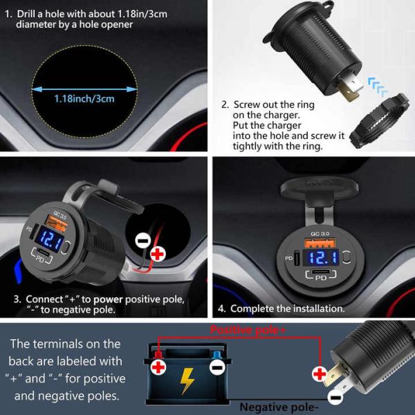 Dual PD QC3.0 12V/24V Triple USB Car Charger Fast Phone Receptacle