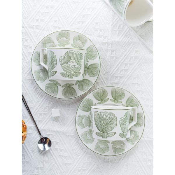Sustainable Nordic Style Printed Flower Ceramic Coffee Cup And Saucer 200ml Volume