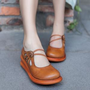 S466 Spring New Thick Bottom Round Toe Hollow Flower Laces Leather Platform