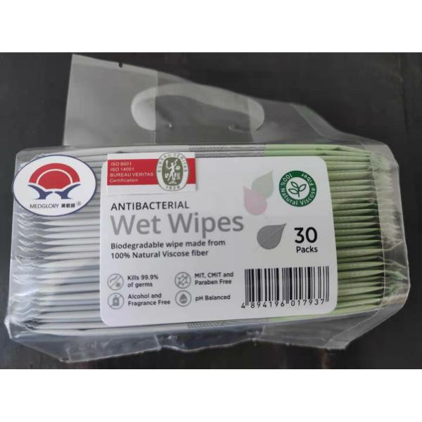 Biodegradable 30 Packs Antibacterial Wet Wipes 100% Natural Viscose Fiber